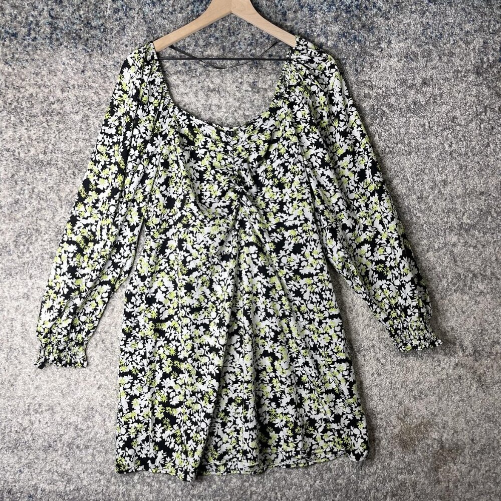 Vero‎ Moda Dress Womens XL Black White Green Floral Long Sleeve Chaddie Mini NWT